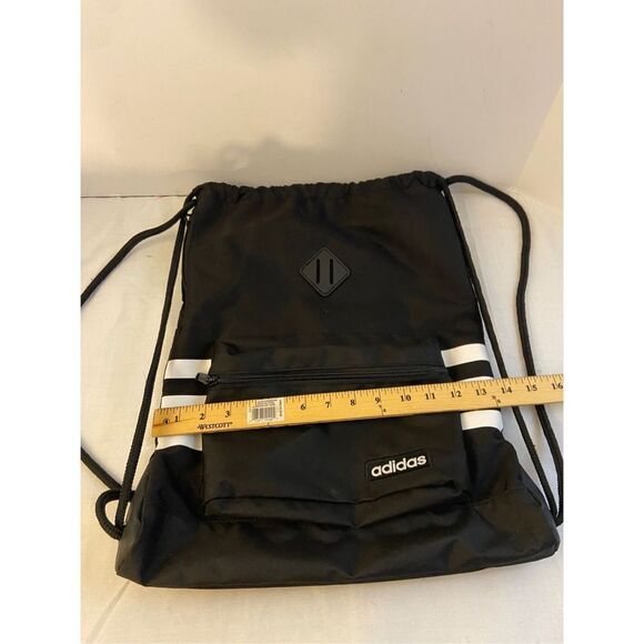 Adidas cinch sack bag tote sak zipper pockets black white19x14" Trefoil rn#09288 - Picture 3 of 4